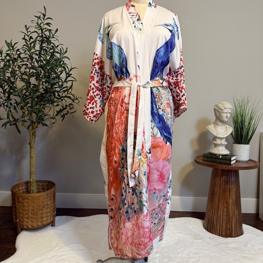 Peacock Floral Satin Kimono Robe One Size Belted Long Duster Cover Up Loungewear - Picture 3 of 15
